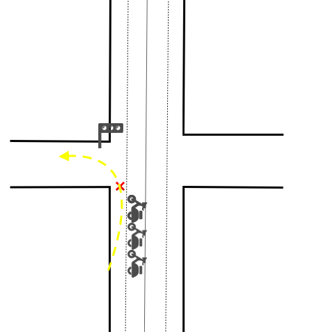 交差点は信号が赤でも左折していいので交差点手前の左車線で停まらない説明