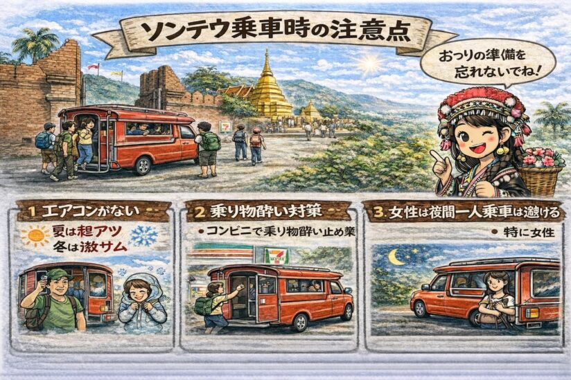 ソンテウ乗車時の注意点（グラレコ風イラスト）
