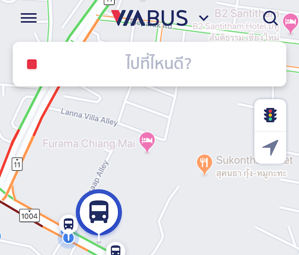 バスアプリ「ViaBus」が現在地を水色の点滅で表示
