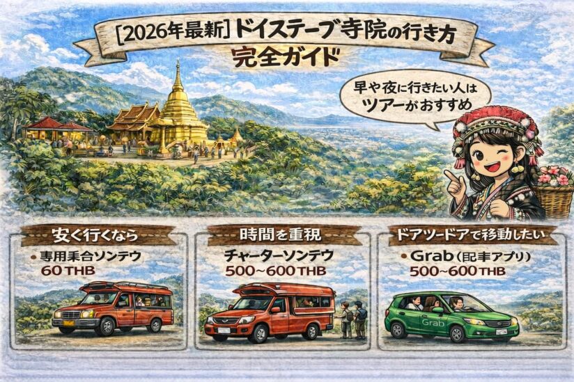 ドイステープ寺院行き方ガイドのグラレコ風イラスト