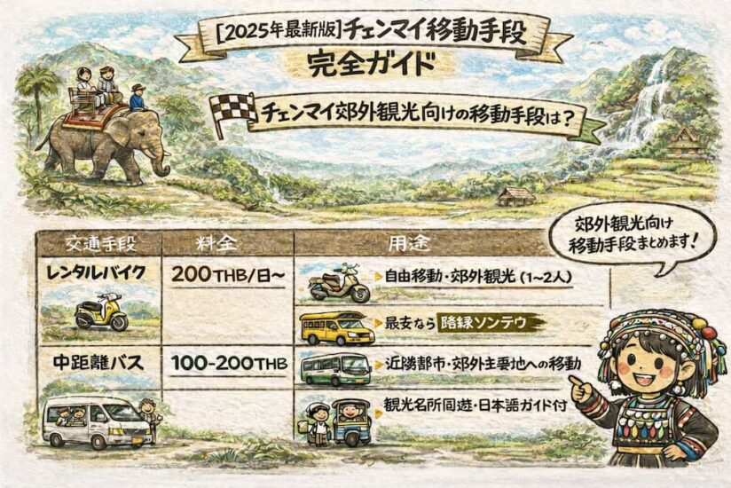 チェンマイ郊外観光向けの移動手段比較表イラスト