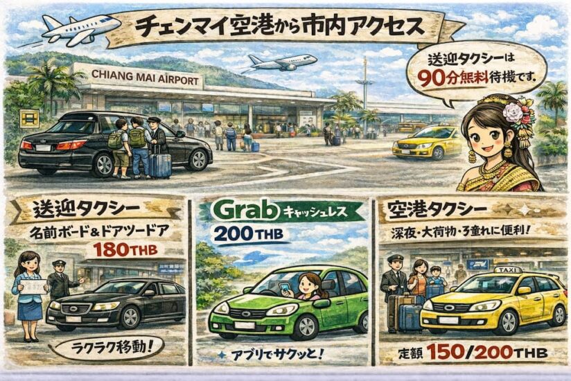 チェンマイ空港から市内へのアクセス（グラレコ風イラスト）