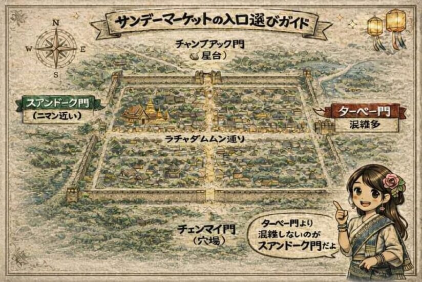 チェンマイのサンデーマーケット入口選びガイド｜ラチャダムヌン通りとターペー門・スアンドーク門・チェンマイ門・チャンプアック門の位置関係が分かる俯瞰マップ
