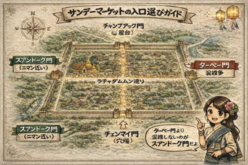 チェンマイのサンデーマーケット入口選びガイド｜ラチャダムヌン通りとターペー門・スアンドーク門・チェンマイ門・チャンプアック門の位置関係が分かる俯瞰マップ
