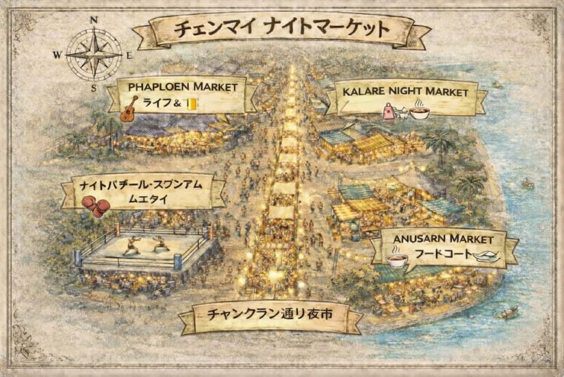 チェンマイナイトマーケットの位置関係が一目でわかるイラストマップ（チャンクラン通り・カラレ・アヌサーン・ナイトバザールスタジアム）