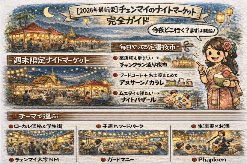 チェンマイのナイトマーケット早見イラスト。