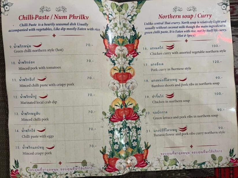 フアンペンのディナーメニュー表（北タイ料理）
